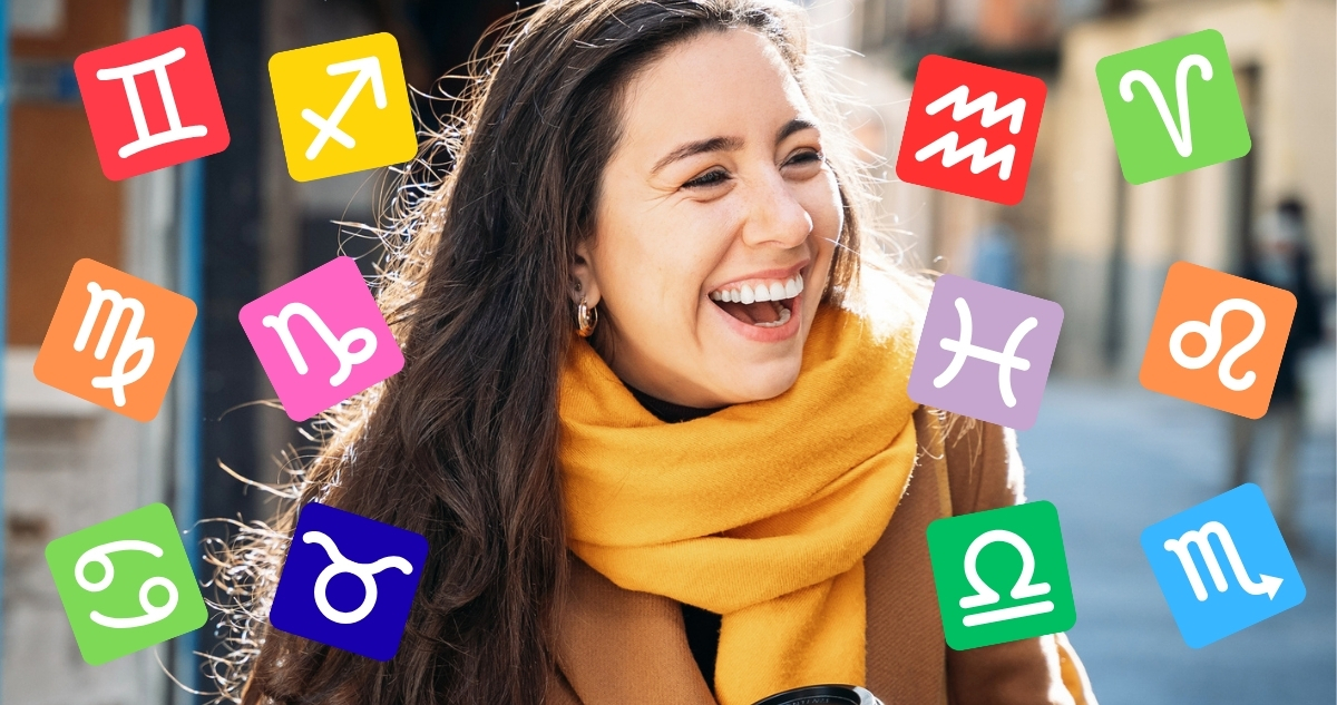 nevető nő horoszkóp szimbólumokkal