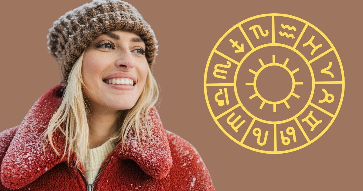 napi horoszkop februar 17 - Gyerekszoba nő piros kabátban és barna sapkában mosolyog horoszkóp ábra mellett