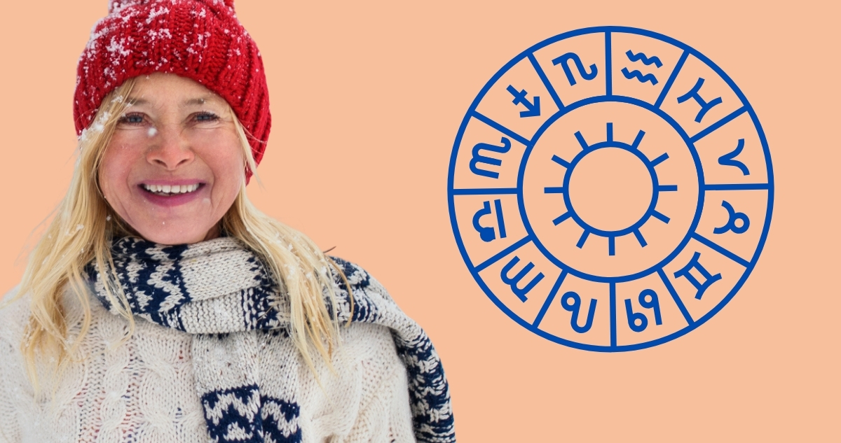 Nevető nő piros sapkában horoszkóp ábra mellett