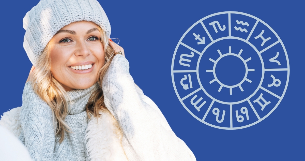 Sapkás nő mosolyog horoszkóp ábra mellett