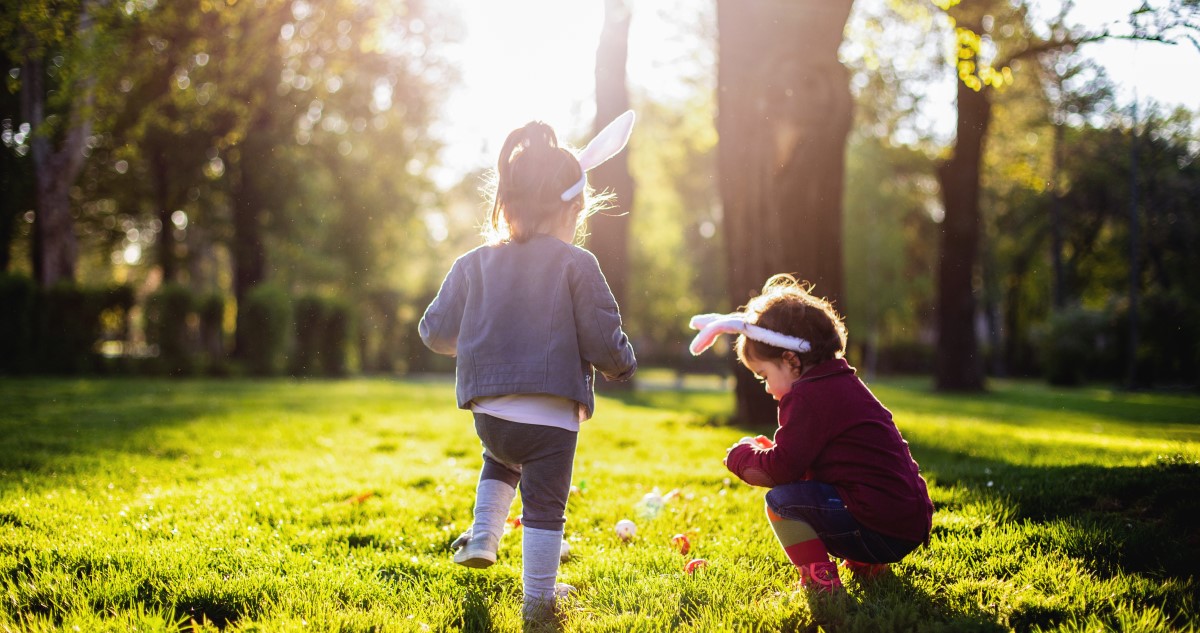testvér kisgyerekek nyuszinak öltözve a parkban