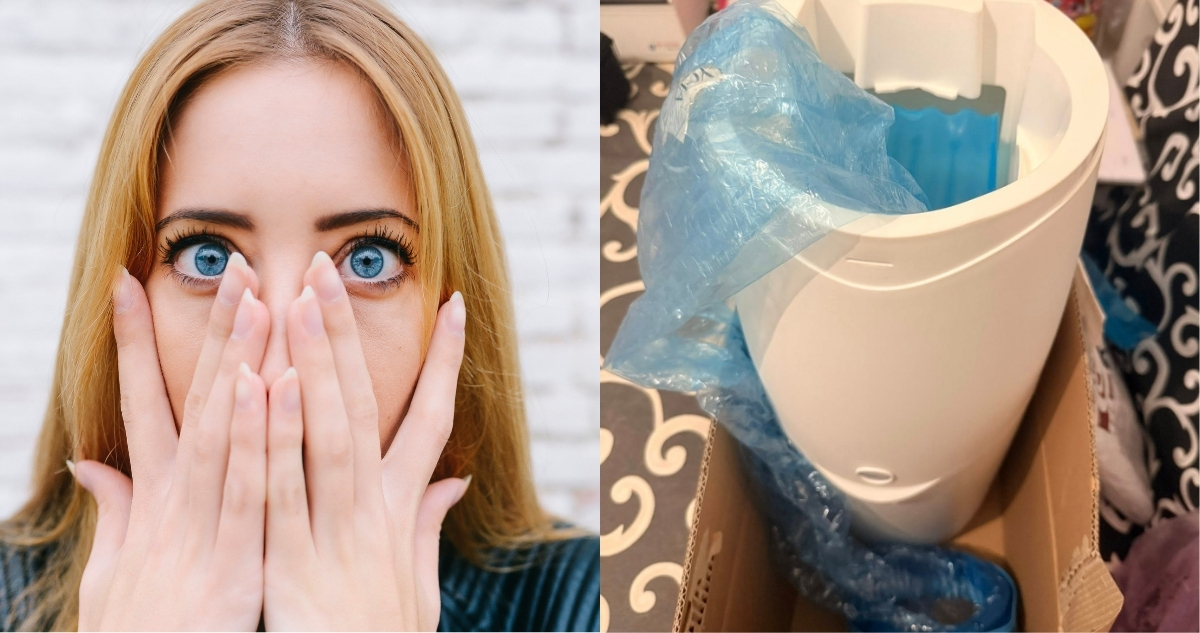 Meglepett nő pelenkakuka mellett